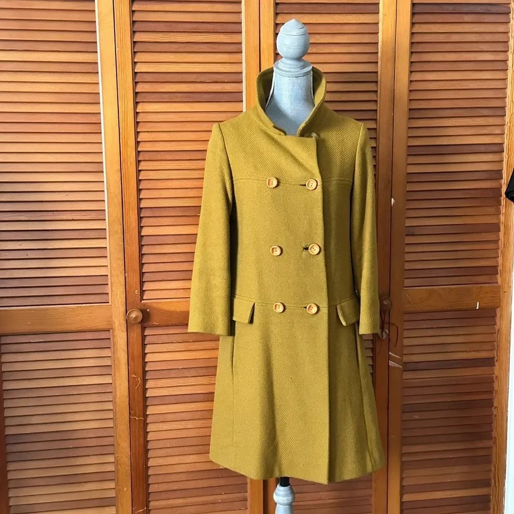Vintage 1960s Mustard Double-Breasted Trench Coat Satin Lined Wool